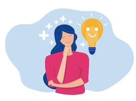 Positive thinking, optimistic mindset or good attitude happy woman smiling lightbulb idea with positive vibes around vector