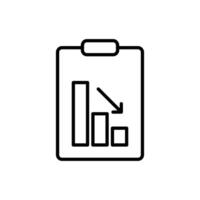 Black and white icon of a clipboard showing a bar graph with a downward pointing arrow, symbolizing decreasing performance. vector