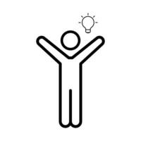 A simple line drawing depicts a person celebrating a new idea, symbolized by a lightbulb. vector