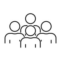 Simple black line icon depicting a group of four people, symbolizing teamwork, unity, and collaboration. vector