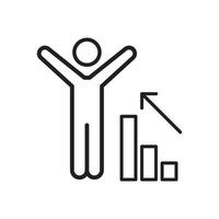An icon depicting a person with raised arms next to a growing bar graph, signifying success and achievement. vector