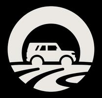 A white car is shown in a circle with a road in the background vector