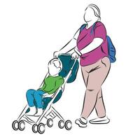 A woman pushes a stroller with a young child sitting in it. She wears a magenta shirt and carries a blue backpack, while the child is dressed in green and blue vector