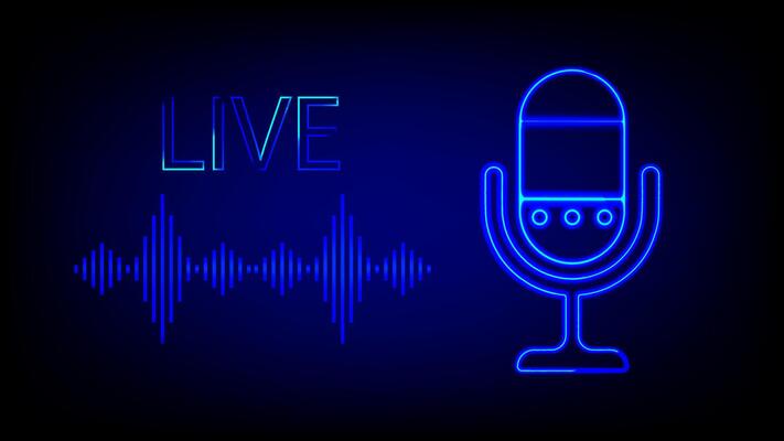 Abstract Sound Wave Blue Digital Frequency wavelength graphic design with Text Live and Microphone Glow light