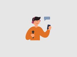 A cheerful cartoon character with headphones holds a microphone and a smartphone with a speech bubble vector