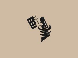 a stylized black silhouette of a tornado lifting and breaking apart a building vector