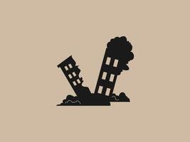 a black silhouette depicting two damaged buildings collapsing or having collapsed vector
