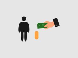A simple illustration depicts a black figure standing next to a stack of orange coins vector
