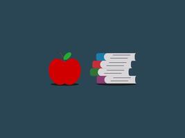 A simple illustration features a red apple with a green leaf and stem positioned next to a stack of four books with different colored spines vector