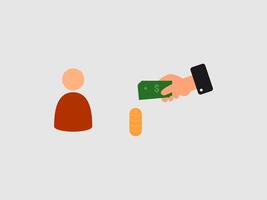 flat illustration shows a figure with a light orange head and brown body standing near a stack of orange coins vector