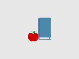 A simple illustration showing a red apple with a green leaf next to a standing blue book vector
