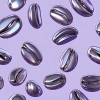 Pattern of stylish metallic coffee beans arranged on a soft lavender background photo