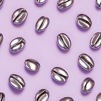 Pattern of stylish and elegant metallic coffee beans arranged on a soft lavender background photo