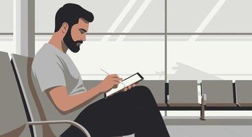 A man sitting on a bench with a tablet in an airport vector