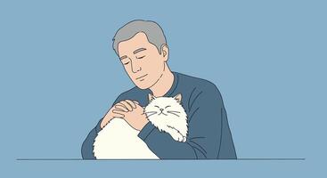 A man holding a cat while sitting on a table vector