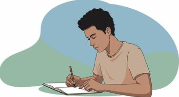 A man is writing in a notebook while sitting at a table vector