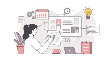 A woman is working on a project in front of a white board vector