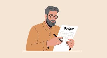A man with a beard and glasses is holding a paper with the word budget vector
