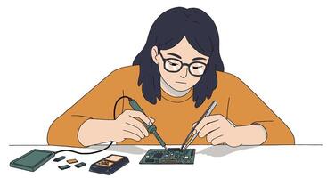 A woman working on a computer with a screwdriver vector