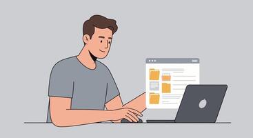 A man is working on his laptop while looking at a document vector