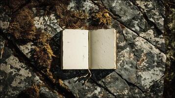 An aged open book with blank pages rests on coarse rocks, surrounded by the quiet beauty of moss and plants. photo