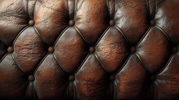 An up-close perspective of aged brown leather upholstery, featuring deep button tufting and a rich, opulent texture. photo