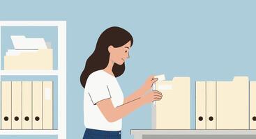 A woman is putting files into a file cabinet vector