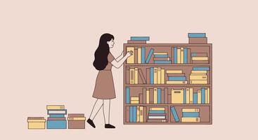 A woman is standing next to a bookcase with books vector
