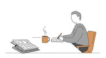 A person sitting at a desk with a cup of coffee and a notebook vector