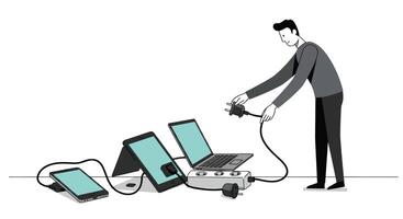 A man is plugging in a laptop to a power strip vector