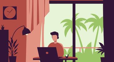 A man sitting at a desk with a laptop and a window vector