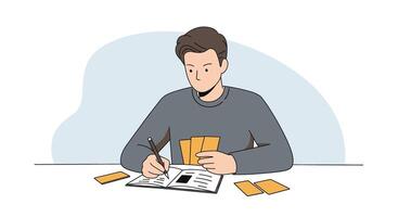 Man reading a book and writing on a piece of paper vector
