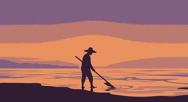 A man with a hat and a stick is standing on the beach vector