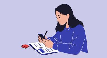 A woman is sitting at a desk with a phone and a notebook vector