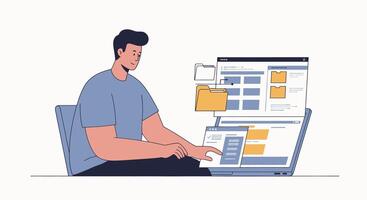 A man sitting at a desk with a laptop and a folder vector