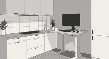 A drawing of a kitchen with a computer on the desk vector