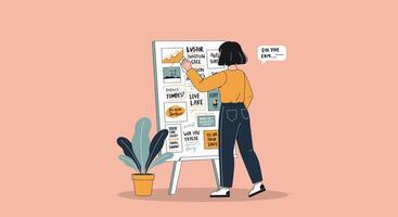 A woman is standing next to a board with a list of information vector