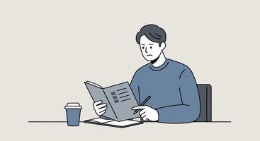A man is reading a book while sitting at a desk vector