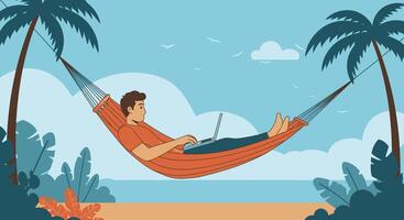 Man in hammock with laptop on beach vector