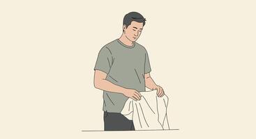 A man is folding a shirt in a cartoon style vector
