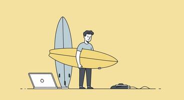 A man carrying a surfboard and a laptop vector
