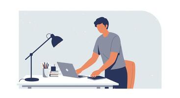 Man working on laptop at desk with lamp and lamp vector