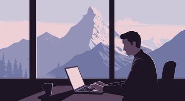 A man sitting at a desk with a laptop computer in front of a window vector