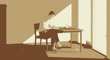 A man sitting at a table writing in a room vector