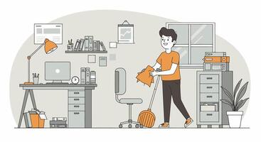 A man is cleaning his office with a vacuum vector