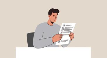 A man is reading a checklist while sitting at a desk vector