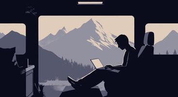 A man sitting in a bus with a laptop vector