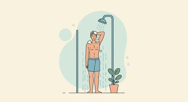 Man in shower with water and plant vector