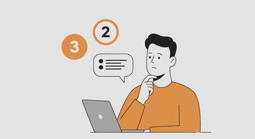 A man is sitting at a desk with a laptop and two question marks vector