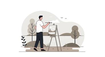 Man painting on easel in front of lake and trees vector